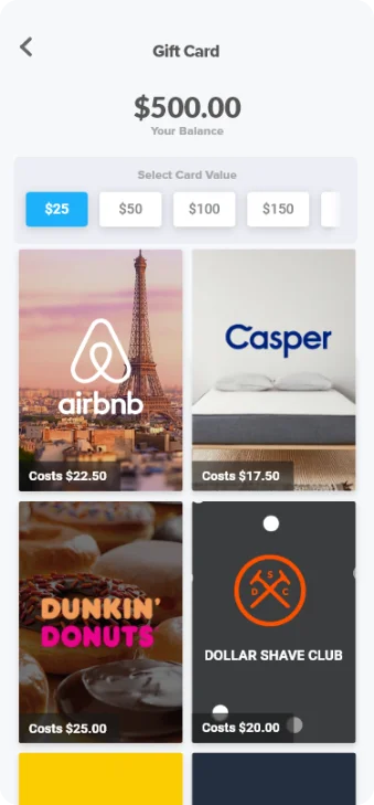 Prizeout gift card web app browse screen