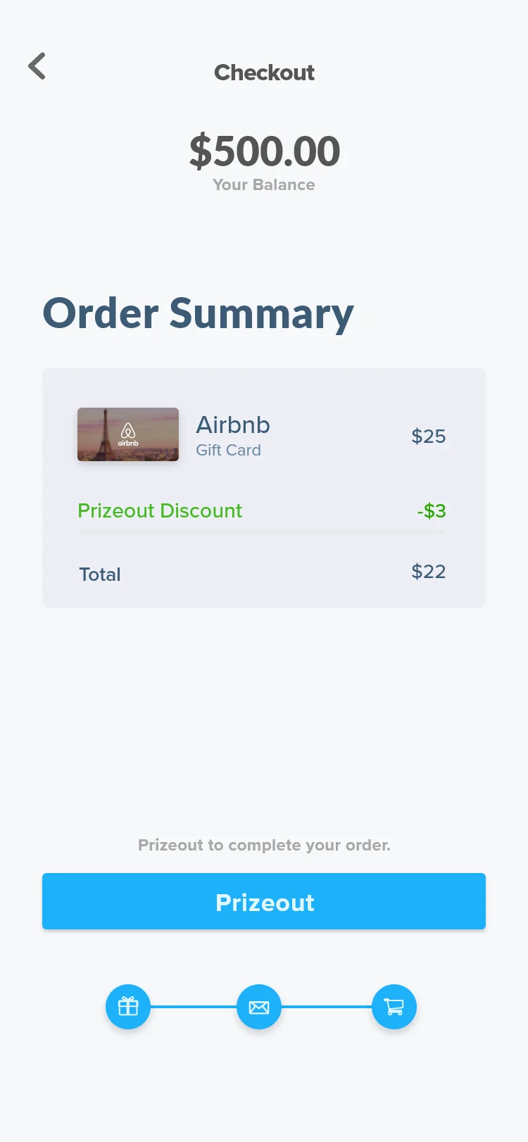 Prizeout gift card web app checkout screen