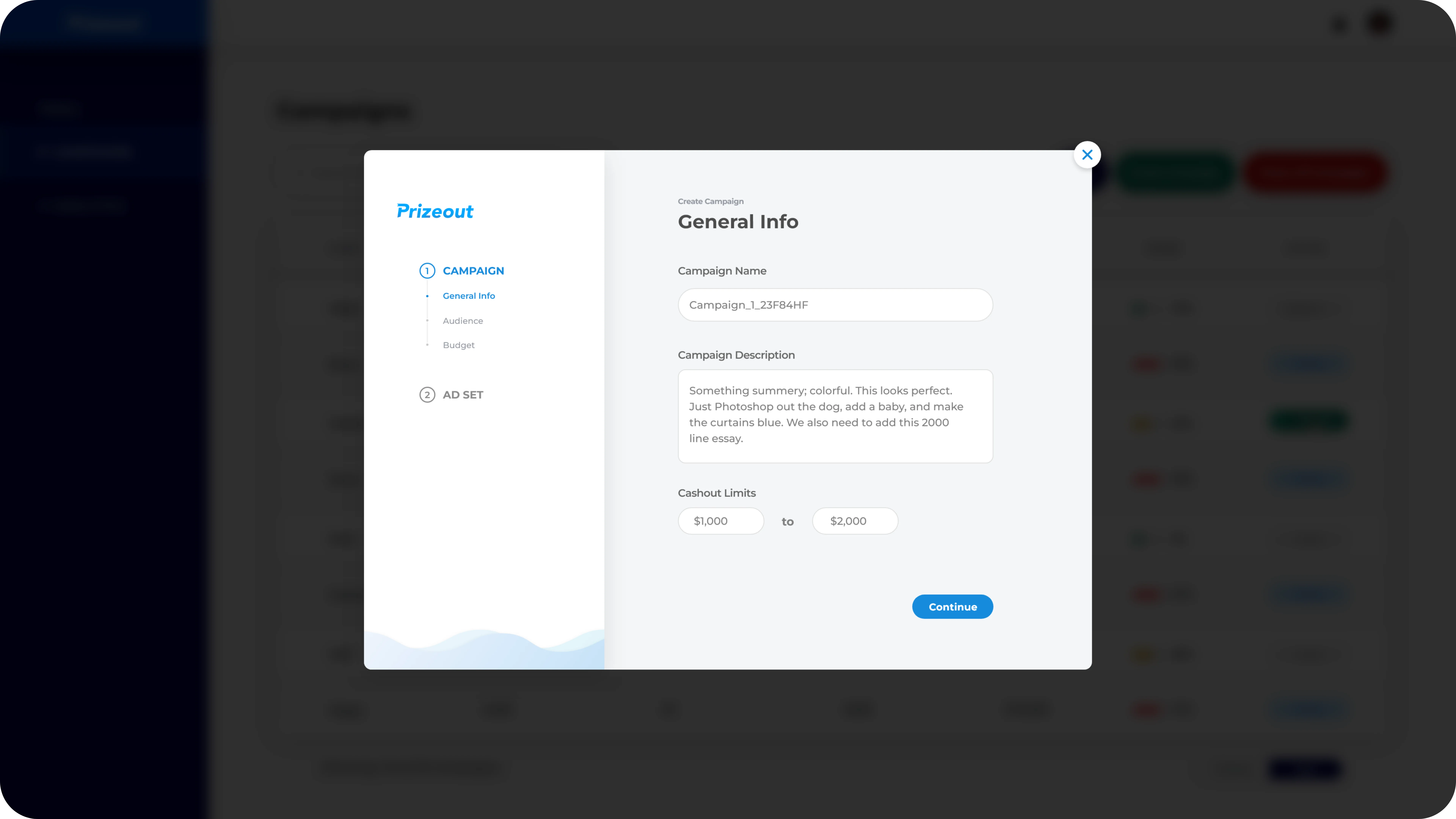 Prizeout create campaign, general information step