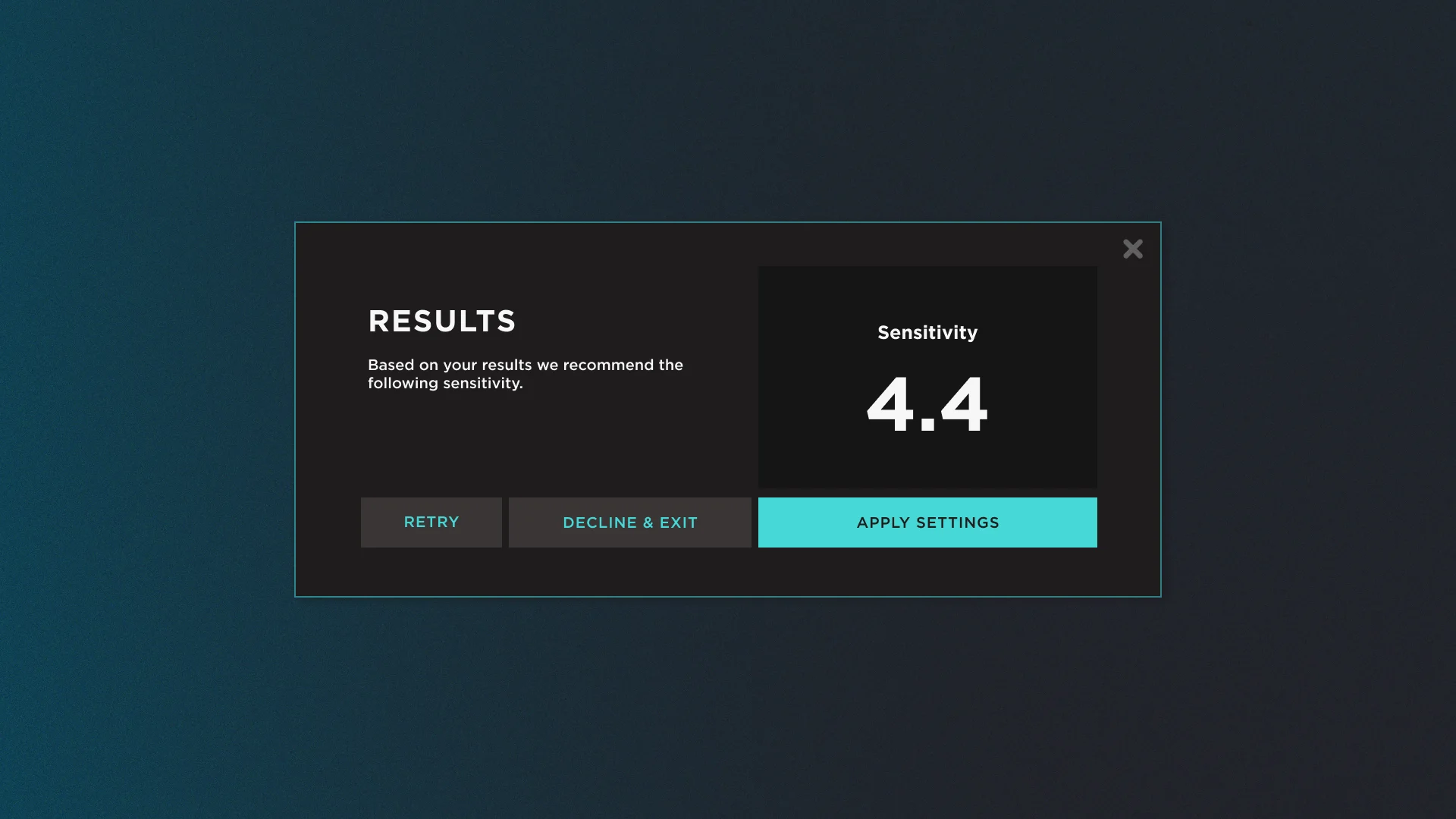 Sens Finder results screen with the recommended sensitivity