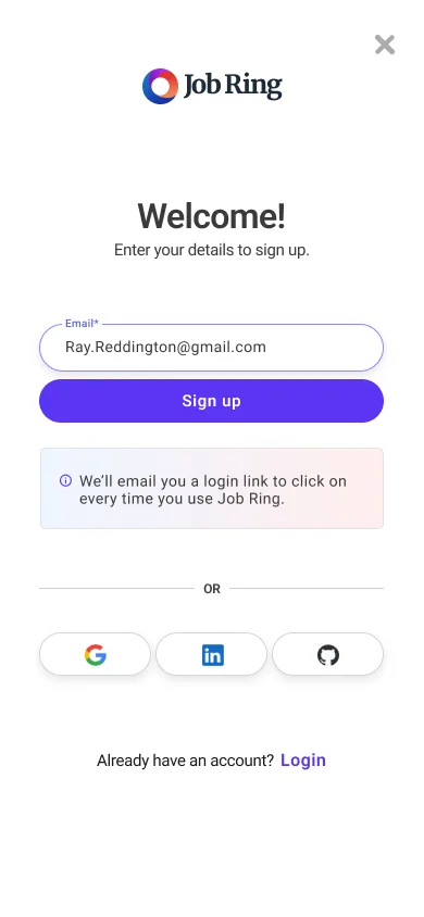 Job Ring mobile sign-up screen one