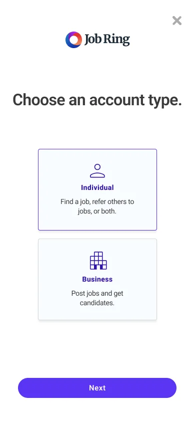 Job Ring mobile sign-up screen three
