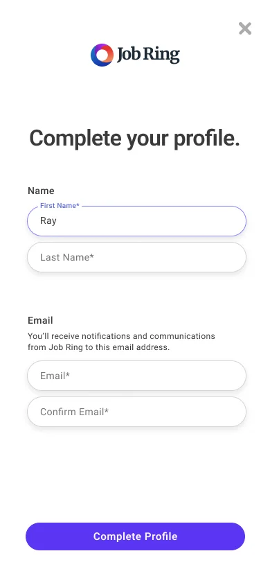 Job Ring complete profile screen