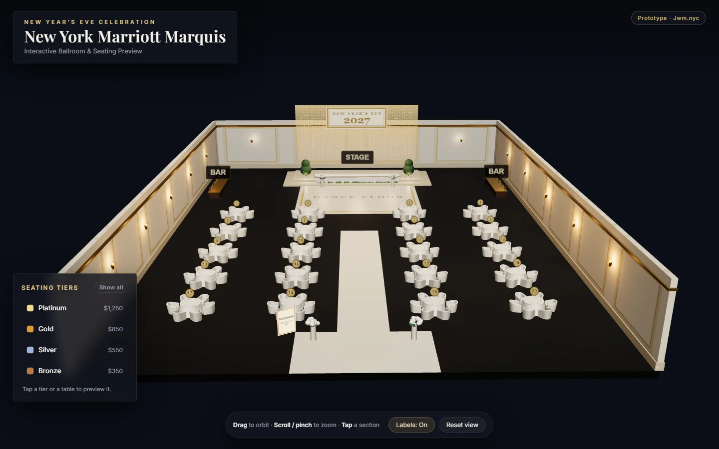 An interactive 3D model of a ballroom laid out for an event, with tables and a seating tier panel