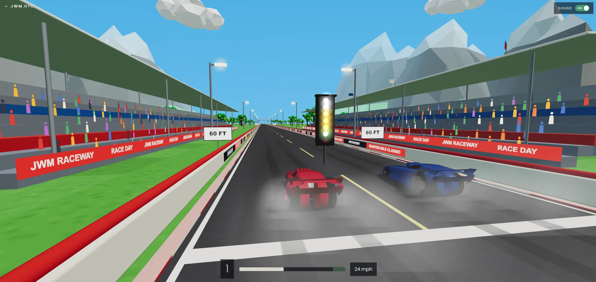 A 3D drag racing game with two cars launching off the line in tire smoke