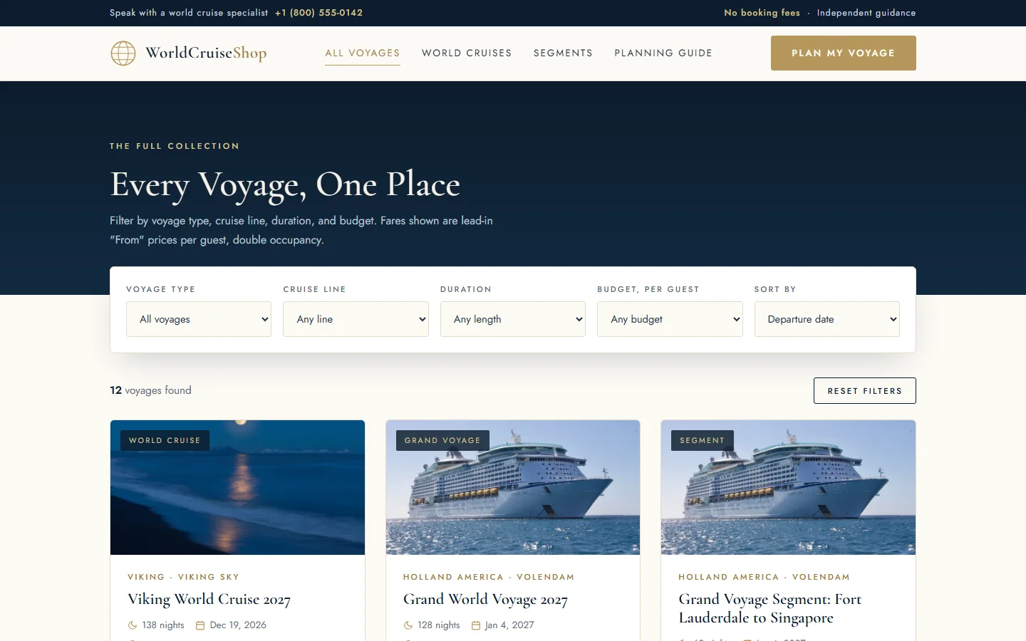 World Cruise Shop voyage listing page with filters and sortable results