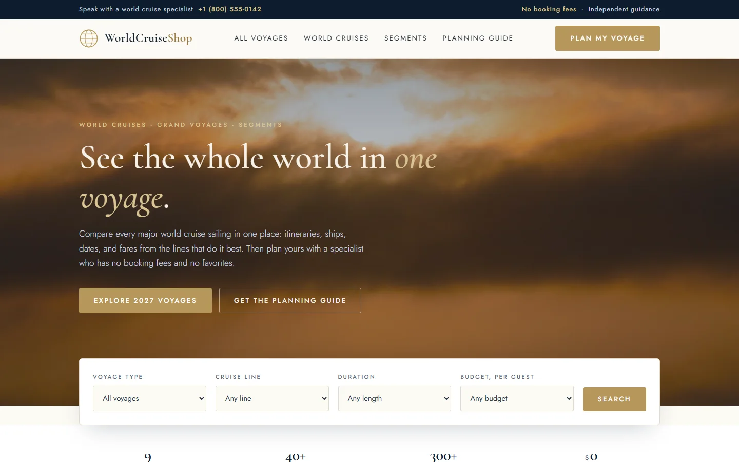 World Cruise Shop home page with a sunset ocean hero and a voyage search panel